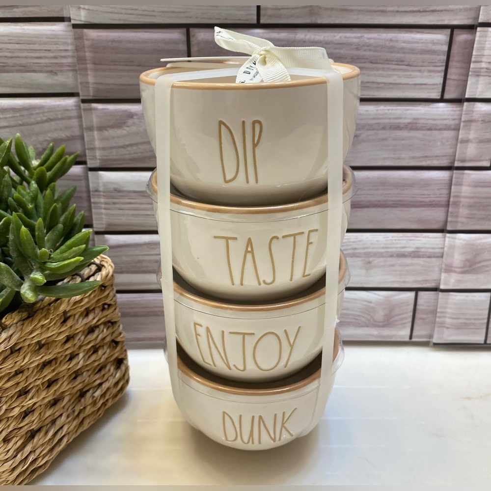 Rae Dunn Cream and Gold Stackable Dip Bowls - "DIP TASTE ENJOY DUNK"
